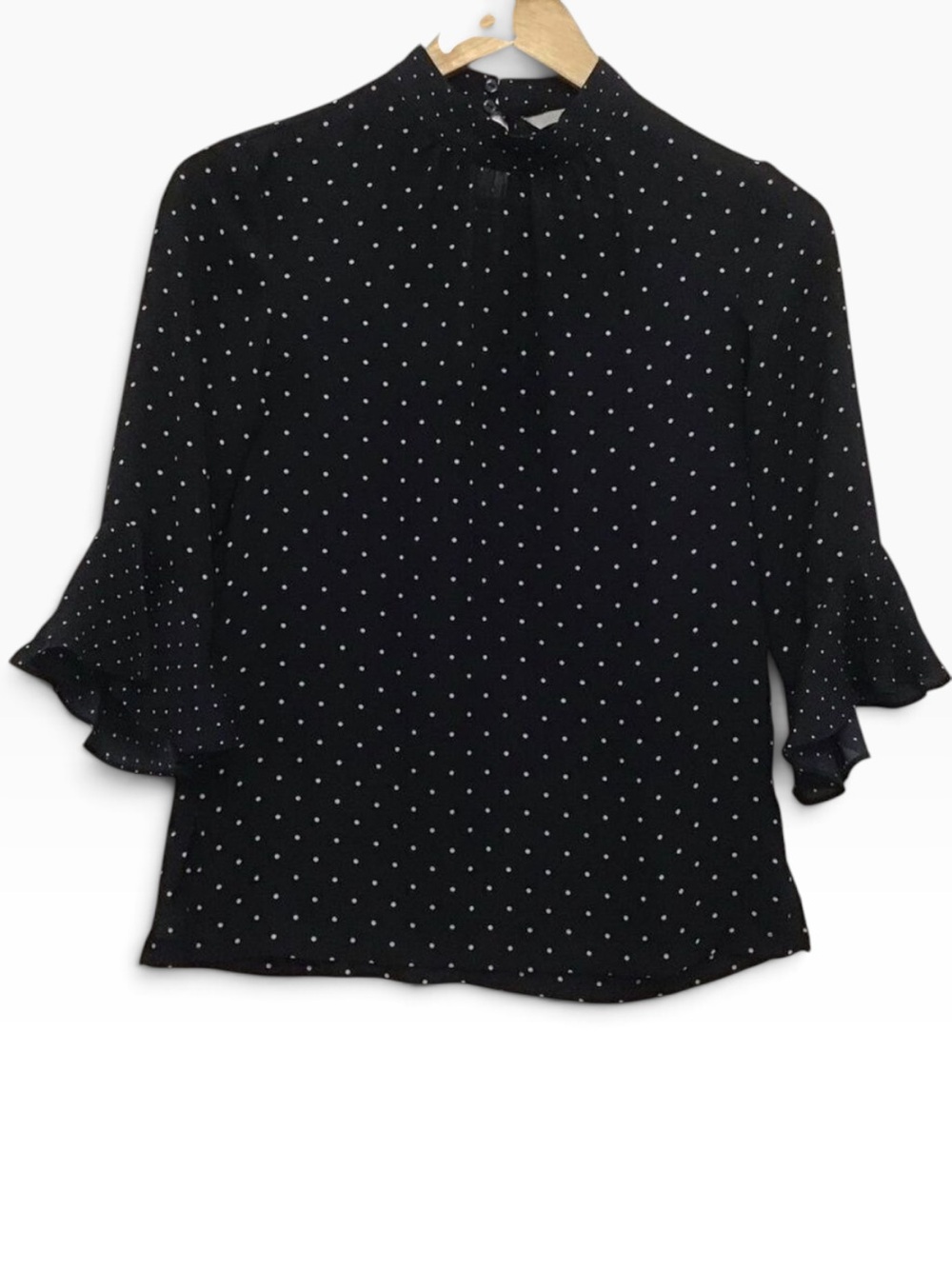 H&M Navy White Polka Dot Crepe Blouse Tulip Sleeves Office Career Size2 feminine